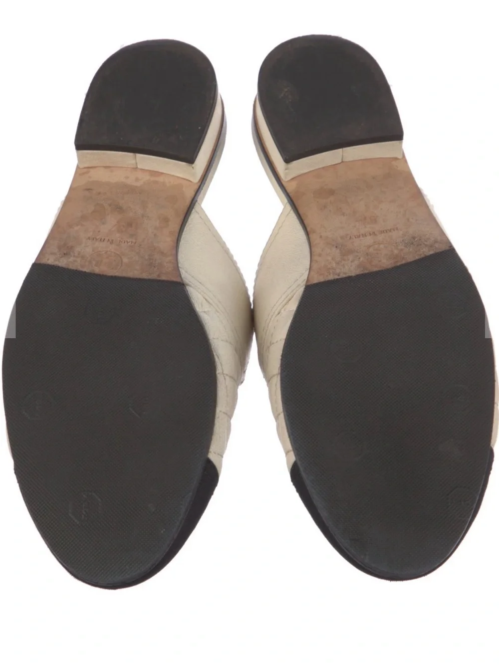 CHANEL Quilted Cream Leather Slide Mules with Black Cap Toe and CC logo charm